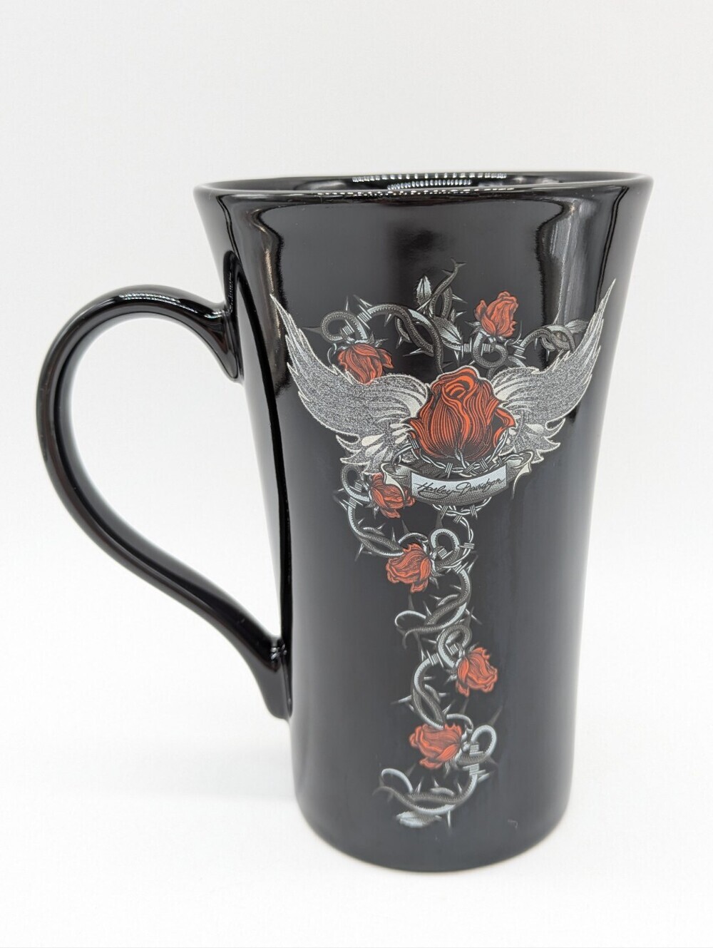Harley Davidson Black Red Wings & Rose Ceramic Coffee Mug